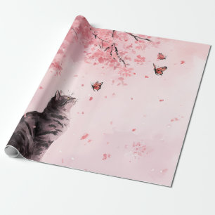 Cherry Blossom Cat and Butterflies (12) Wrapping Paper
