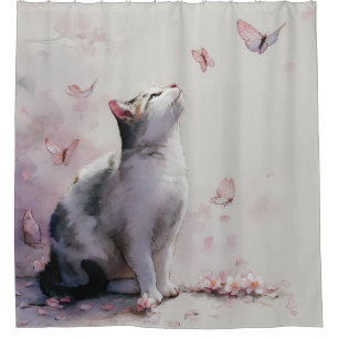 Cherry Blossom Cat and Butterflies (13) Shower Curtain