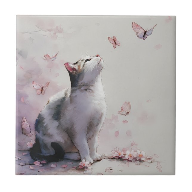 Cherry Blossom Cat and Butterflies (13) Tile (Front)
