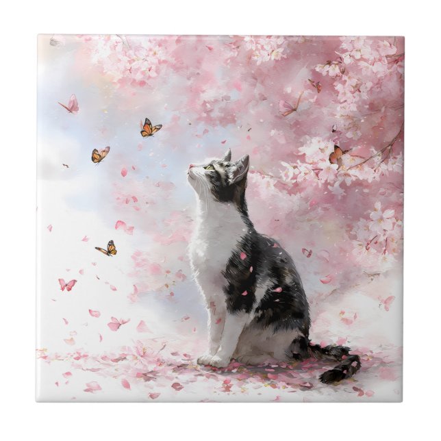 Cherry Blossom Cat and Butterflies (1) Tile (Front)