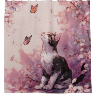 Cherry Blossom Cat and Butterflies (2) Shower Curtain