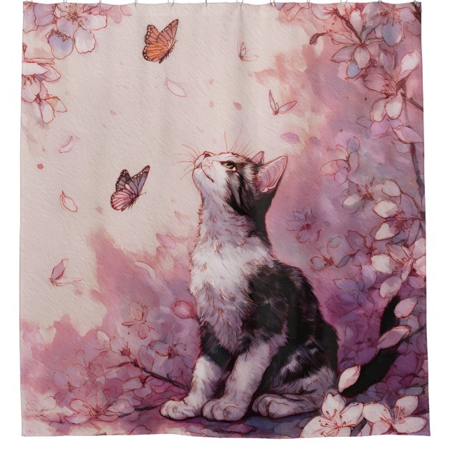 Cherry Blossom Cat and Butterflies (2) Shower Curtain (Front)