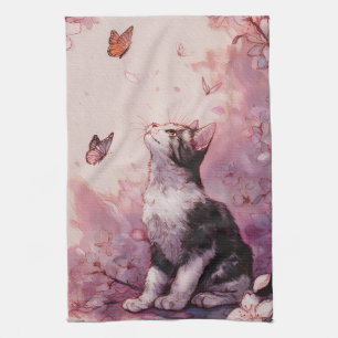 Cherry Blossom Cat and Butterflies (2) Tea Towel