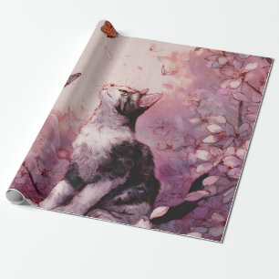 Cherry Blossom Cat and Butterflies (2) Wrapping Paper