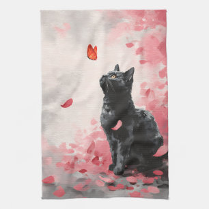 Cherry Blossom Cat and Butterflies (3) Tea Towel