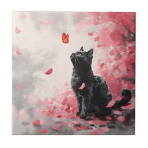 Cherry Blossom Cat and Butterflies (3) Tile