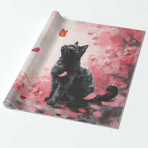 Cherry Blossom Cat and Butterflies (3) Wrapping Paper