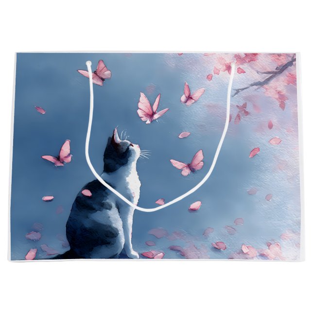 Cherry Blossom Cat and Butterflies (4) Large Gift Bag (Front)