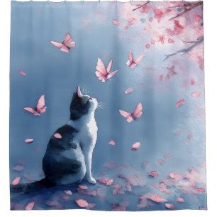 Cherry Blossom Cat and Butterflies (4) Shower Curtain