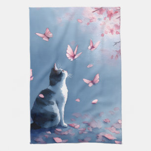 Cherry Blossom Cat and Butterflies (4) Tea Towel