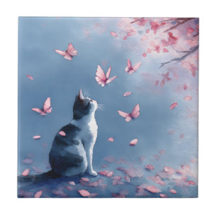 Cherry Blossom Cat and Butterflies (4) Tile