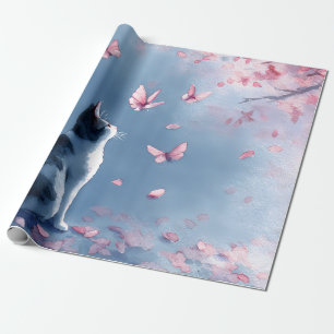 Cherry Blossom Cat and Butterflies (4) Wrapping Paper