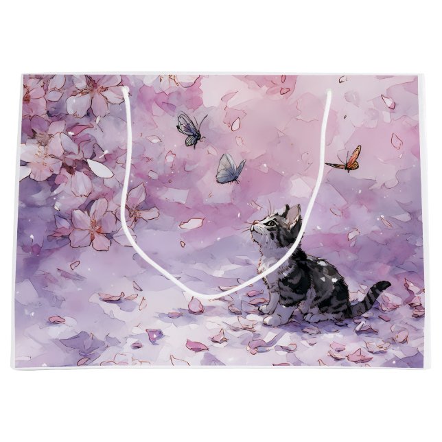 Cherry Blossom Cat and Butterflies (5) Large Gift Bag (Front)