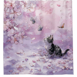 Cherry Blossom Cat and Butterflies (5) Shower Curtain