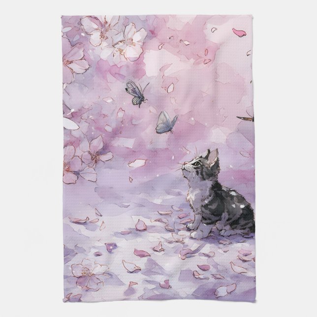Cherry Blossom Cat and Butterflies (5) Tea Towel (Vertical)