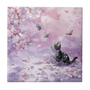 Cherry Blossom Cat and Butterflies (5) Tile