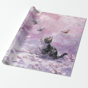 Cherry Blossom Cat and Butterflies (5) Wrapping Paper