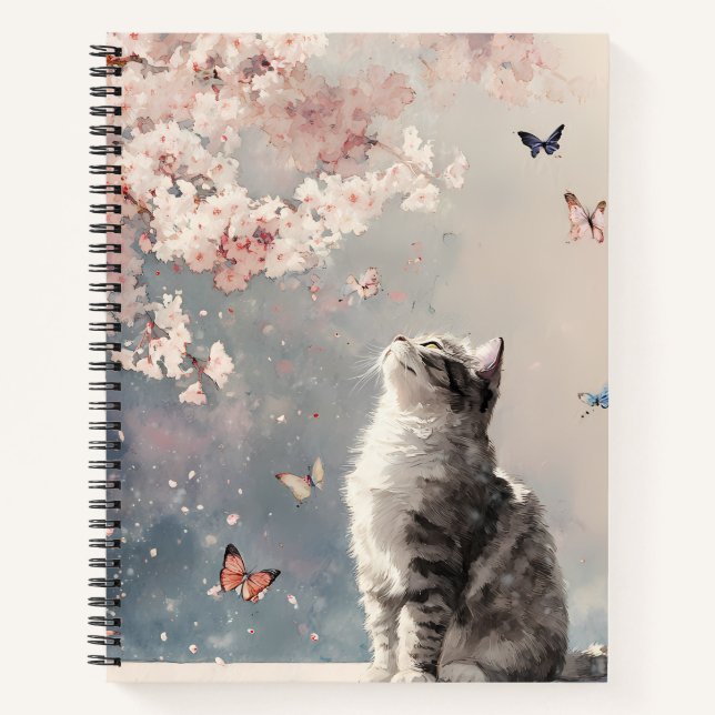 Cherry Blossom Cat and Butterflies (6) Notebook (Front)