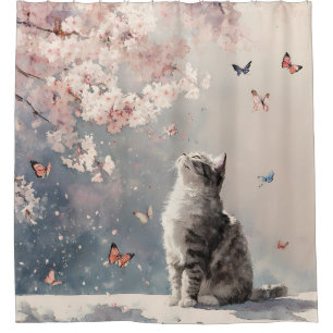 Cherry Blossom Cat and Butterflies (6) Shower Curtain