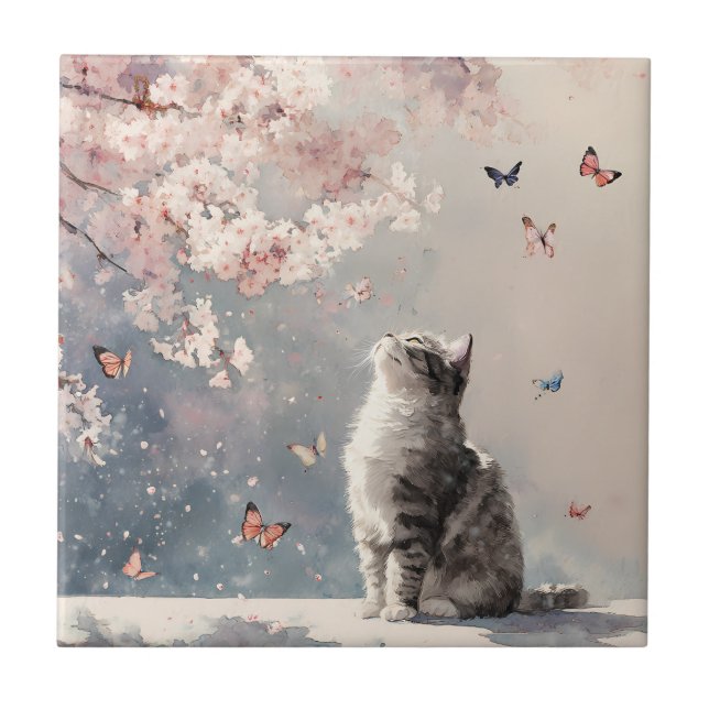 Cherry Blossom Cat and Butterflies (6) Tile (Front)