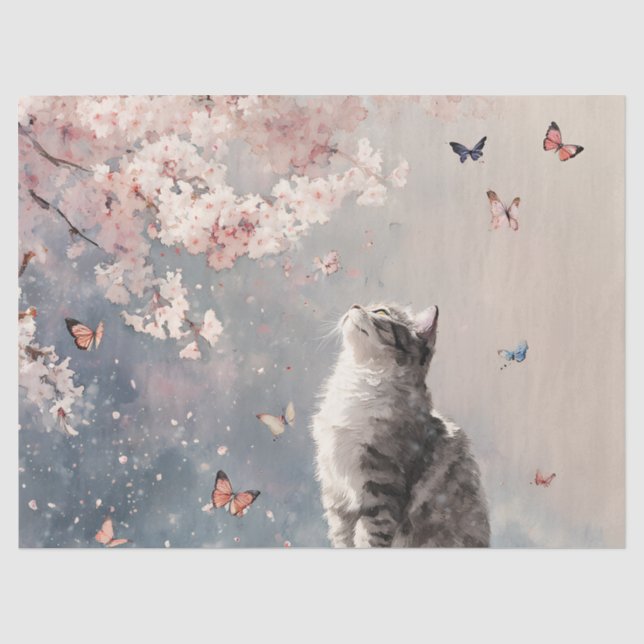 Cherry Blossom Cat and Butterflies (6) Tissue Paper (Front)
