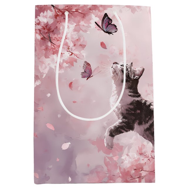 Cherry Blossom Cat and Butterflies (7) Medium Gift Bag (Front)