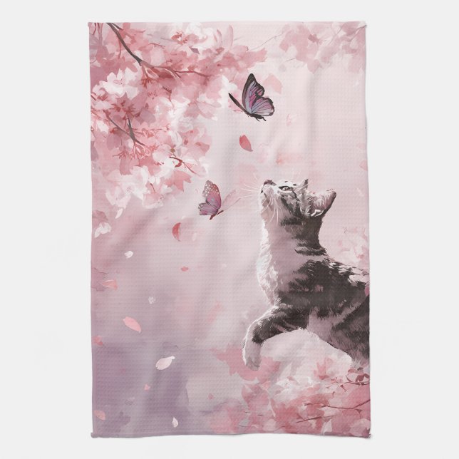 Cherry Blossom Cat and Butterflies (7) Tea Towel (Vertical)
