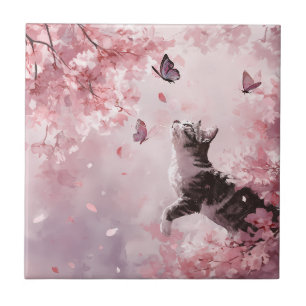 Cherry Blossom Cat and Butterflies (7) Tile