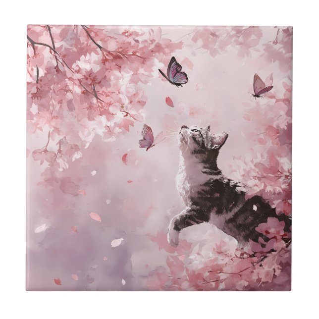 Cherry Blossom Cat and Butterflies (7) Tile (Front)