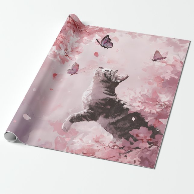 Cherry Blossom Cat and Butterflies (7) Wrapping Paper (Unrolled)