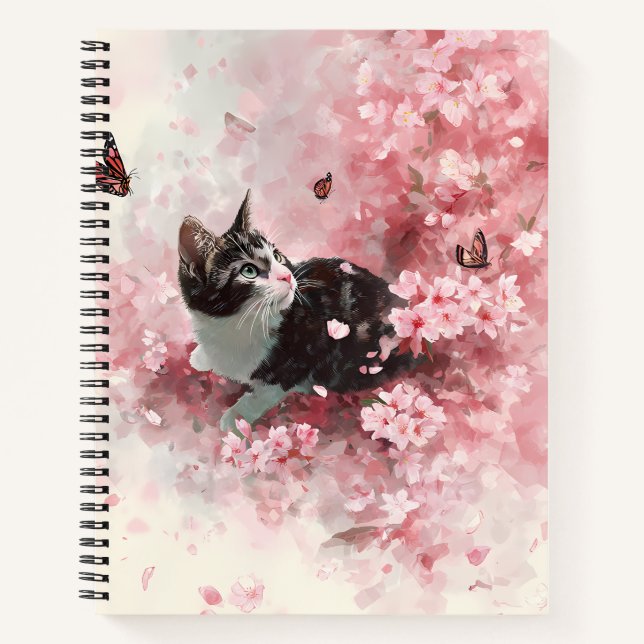 Cherry Blossom Cat and Butterflies (8) Notebook (Front)
