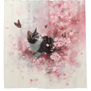 Cherry Blossom Cat and Butterflies (8) Shower Curtain