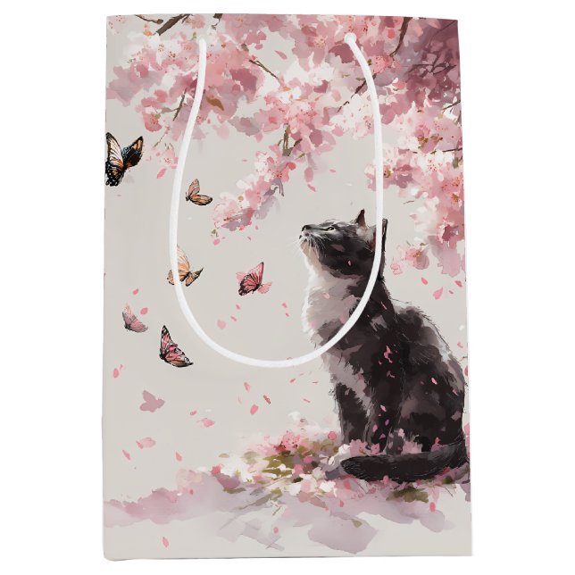 Cherry Blossom Cat and Butterflies (9) Medium Gift Bag (Front)