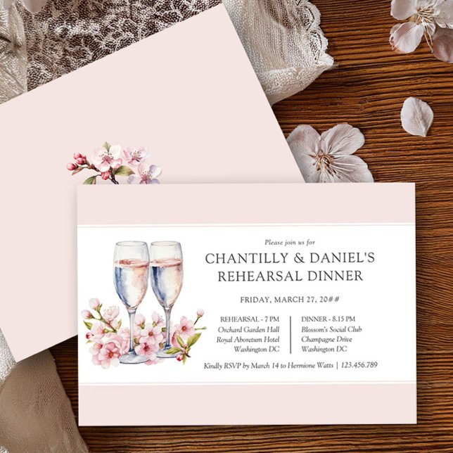 Cherry Blossom Champagne Wedding Rehearsal Dinner Invitation (Wedding Rehearsal Dinner Invitation from the Cherry Blossom Wedding Collection by Darling & May)