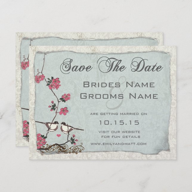 Cherry Blossom Chickadee Damask Save the Date Invitation (Front/Back)