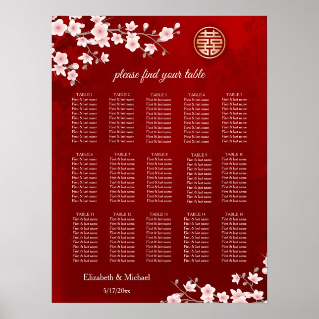 Cherry Blossom Chinese Wedding Seating Chart (Front)