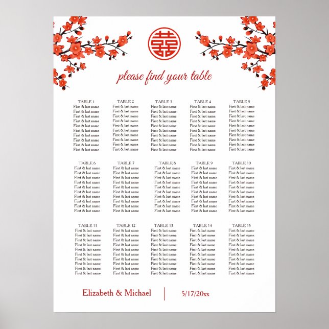 Cherry Blossom Chinese Wedding Seating Chart (Front)
