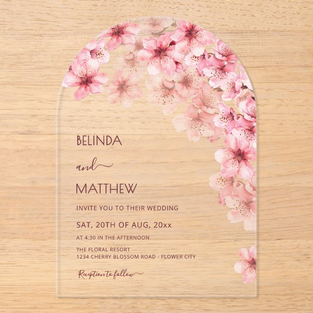  Cherry Blossom Clear Casual Wedding Acrylic Invitations (Front)