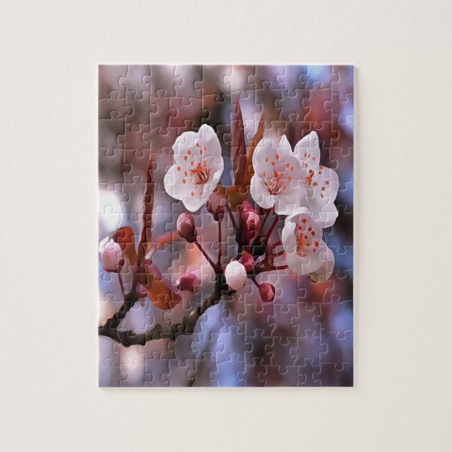 Cherry Blossom Cluster With A Pink and Blue  Jigsaw Puzzle (Vertical)