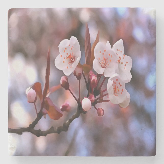 Cherry Blossom Cluster With A Pink and Blue  Stone Coaster (Front)