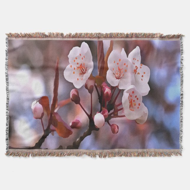 Cherry Blossom Cluster With A Pink and Blue  Throw Blanket (Front)