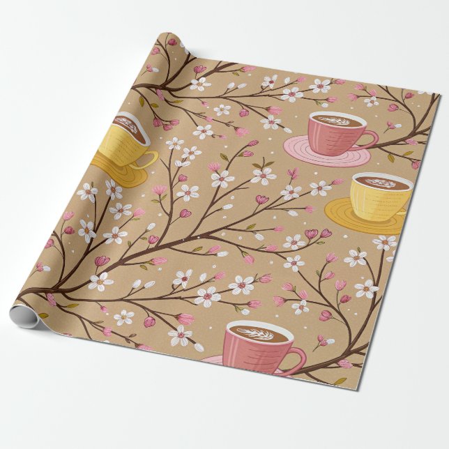 Cherry Blossom Coffee Cosy Pattern (4) Wrapping Paper (Unrolled)
