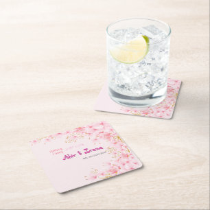 Cherry Blossom Custom Pink Personalised Elegant Square Paper Coaster