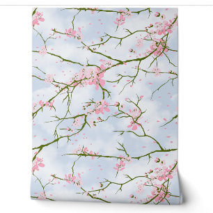 Cherry Blossom Custom Sakura Sky Blue Custom Wallpaper