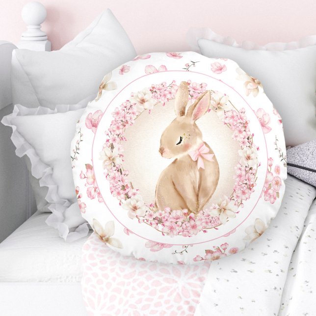 Cherry Blossom Cute Bunny White Pink Nursery Round Cushion (Cherry Blossom Cute Bunny White Pink Nursery Round Pillow)