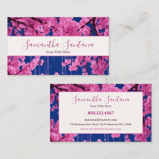 Cherry Blossom Drip Blue Background Business Card (Front/Back)