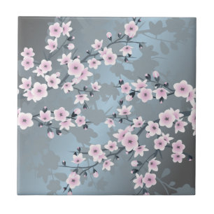 Cherry Blossom Dusky Pink Slate Blue Floral Tile