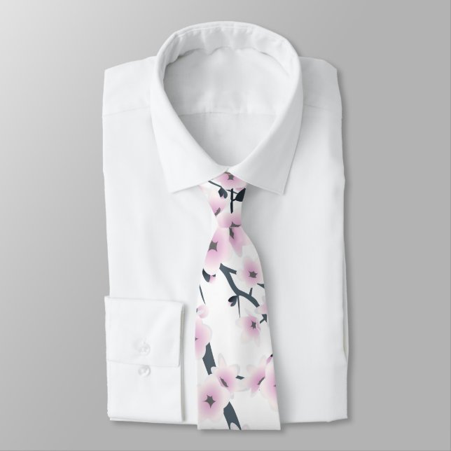 Cherry Blossom Dusky Pink White Floral Tie (Tied)