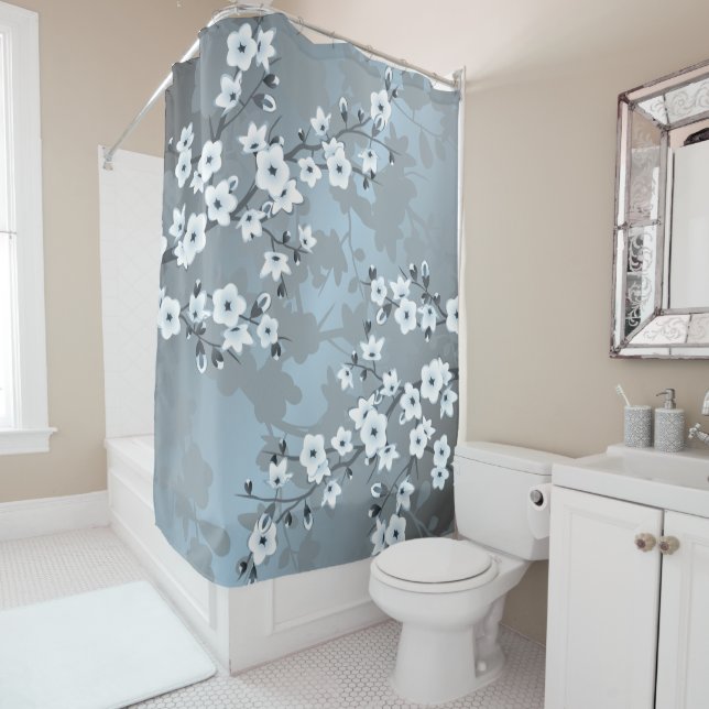 Cherry Blossom Dusty Blue Floral  Shower Curtain (In Situ)
