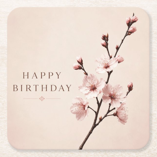 Cherry Blossom Elegance Birthday Square Paper Coaster (Front)